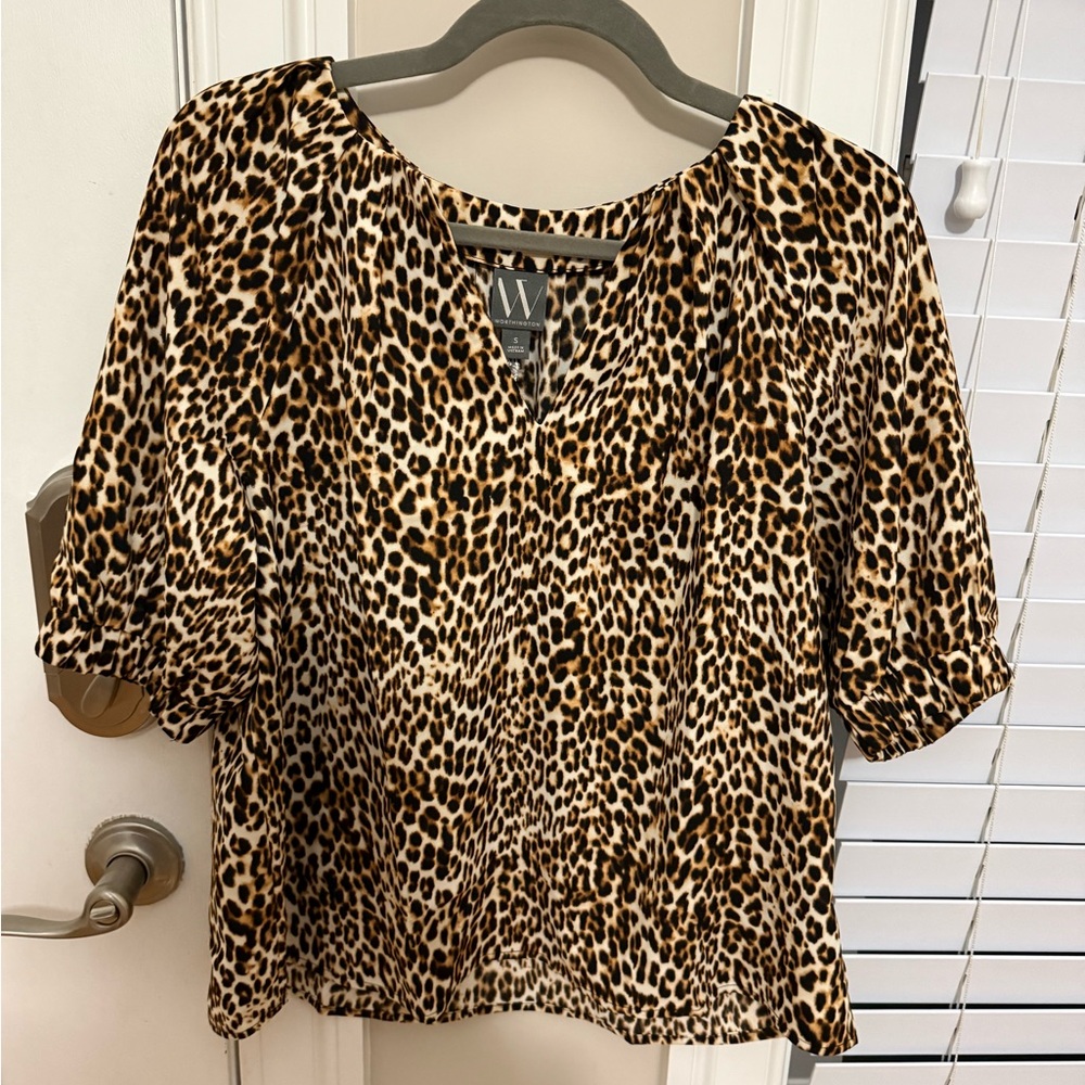 Worthington Leopard Print Short Sleeve Blouse - Brown/Black/Cream